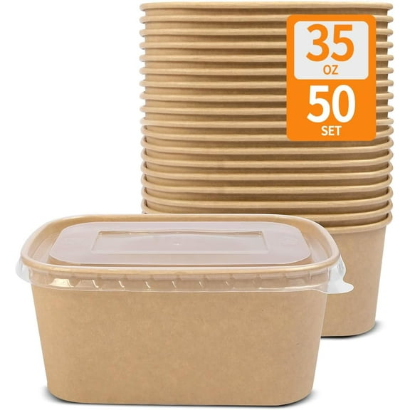 50 Pack 35 oz Paper Food Containers with Lids, Paper Meal Prep Containers Microwavable and Freezer Use Cardboard Food Concertinas - 50 Bowls 50 Lids