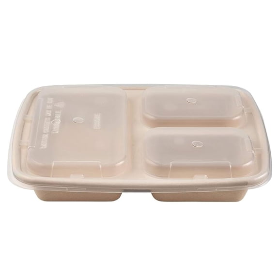 [50 Pack] 36 oz 3 Compartment Compostable Food Storage Container with Lids - Biodegradable, Sugarcane, Plant Fiber, Heavy Duty, Microwavable, Tree Free, Ecofriendly, Lunch Trays, Meal Prep, Bento