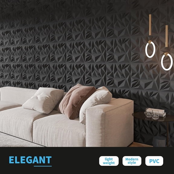 50-Pack 3D Wall Panels for Interior Wall Decor, Modern Diamond Textured Accent Wall Paneling for Gaming Living Room TV Wall Background, 12 x 12 inch Black