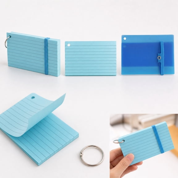 50 Pack 3x5 Index Cards with Ring, Portable Ruled Note Cards, Thick Tear-Resistant Paper for Study, Office, To-Do Lists, Blue