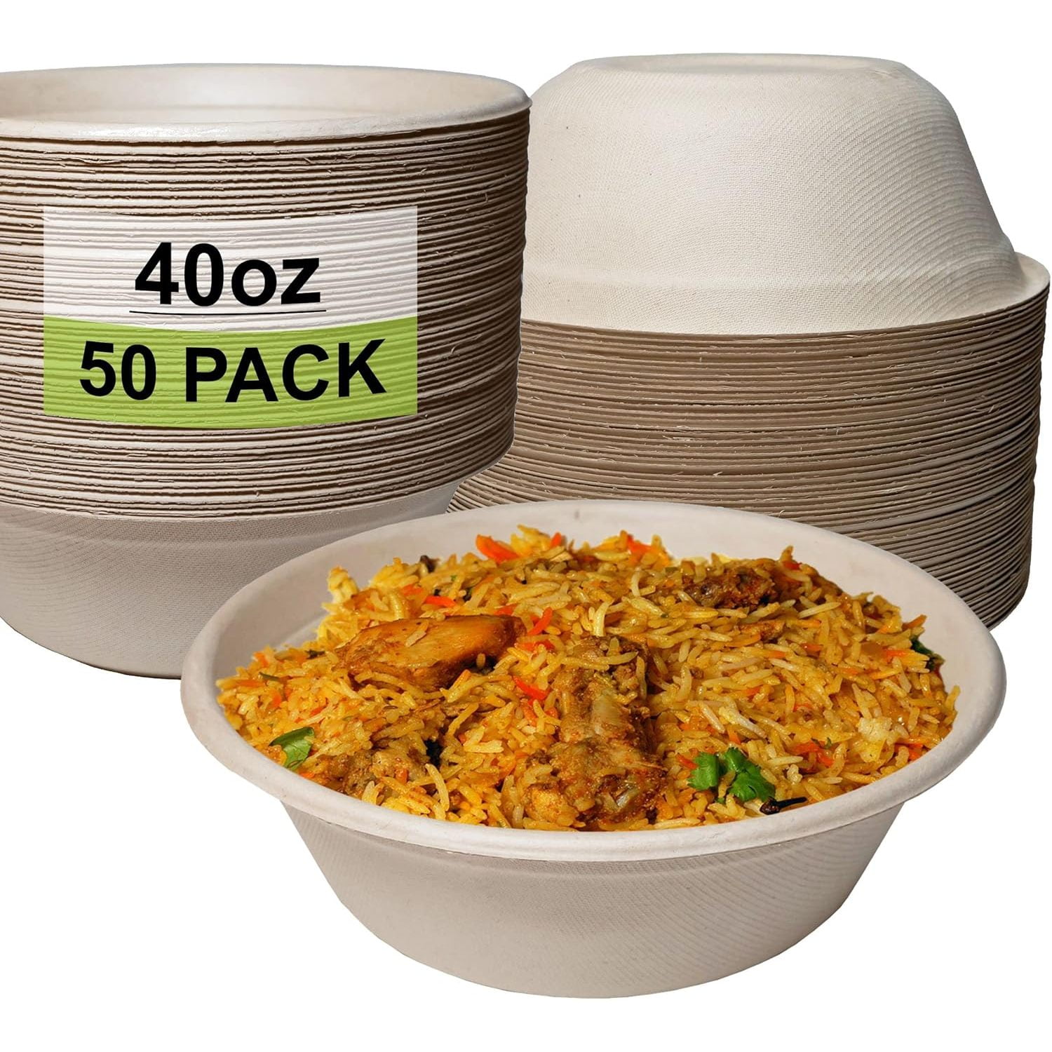 [50 Pack] 40 oz Round Disposable Compostable Paper Bowls Heavy-Duty, Eco-Friendly Natural Bagasse Unbleached, Heat Resistant, 100% Biodegradable Salad Bowls Alternative to Plastic