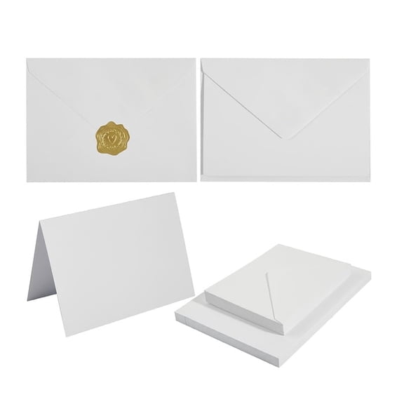 50 Pack 4x6 Cream Envelopes with Card Thick Folded Cardstock and Gold Stickers for Greeting Cards, Wedding, Birthday, Invitations (white, 4x6, A6)