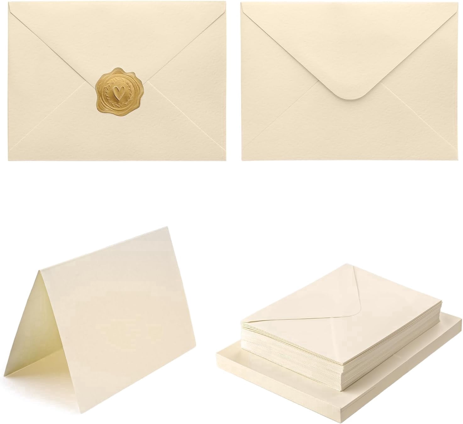 50 Pack 4x6 Cream Envelopes with Card Thick Folded Cardstock and Gold ...