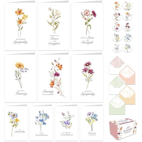 50 Pack 4x6in Bulk Sympathy Cards with Envelopes & Stickers, 10 Folded Floral Designs with Printed Message Inside - Burial, Grief, Bereavement, Loss of Loved Ones$$Office