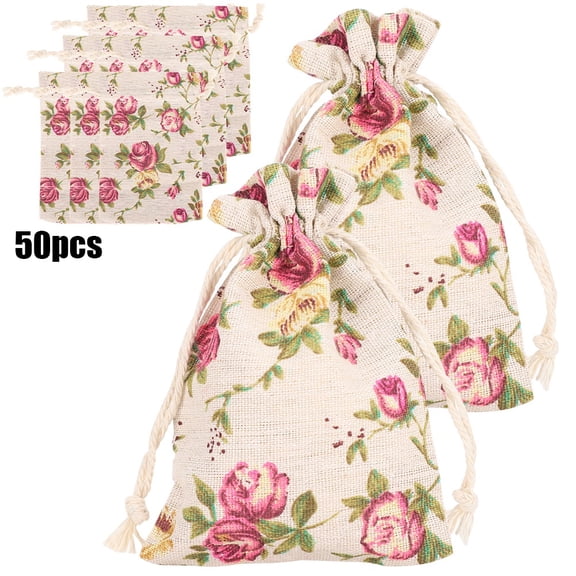 50-Pack 5.5x3.7 Inch Burlap Drawstring Bags with Rose Pattern for Jewelry, Soap, Candles, and Wedding Favors 50PCs