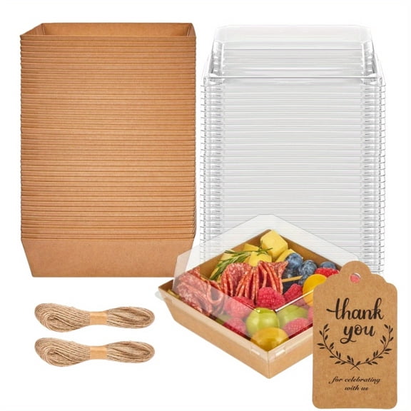 50 Pack 5 Inch Paper Charcuterie Boxes with Clear Lids, Square To Go Cake Slice Containers Small Kraft Bakery Boxes for Dessert, Cookies, Sandwich, Strawberries (Brown)