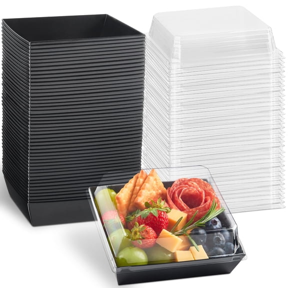 50 Pack 5 Inch Paper Charcuterie Boxes With Clear Lids Squarecake Slice Containers Small Bakery For Dessert Cookies Sandwich Strawberries (black)