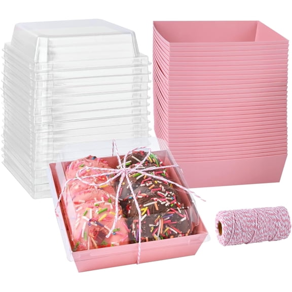 50 Pack 5 Inch Pink Paper Charcuterie Boxes with Clear Lids, Square To Go Cake Slice Containers Small Bakery Boxes for Dessert, Cookies, Sandwich, Strawberries