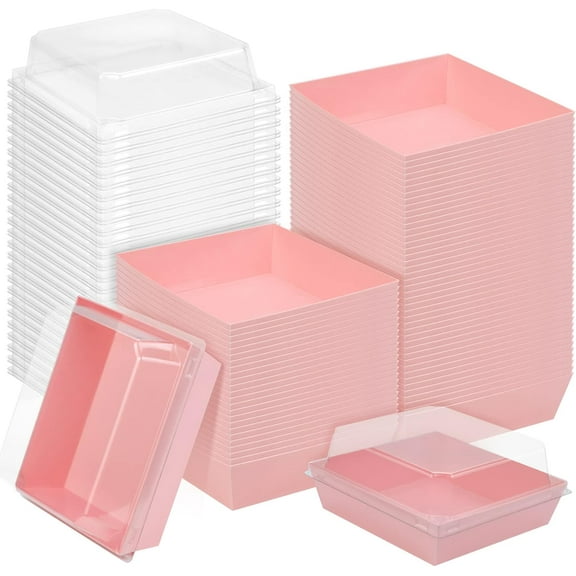 50 Pack 5 Inch Square Pink Paper Food Containers Baking Boxes with Safety Lids Cookie Boxes Cake Boxes Disposable Deli Boxes for Various Snacks