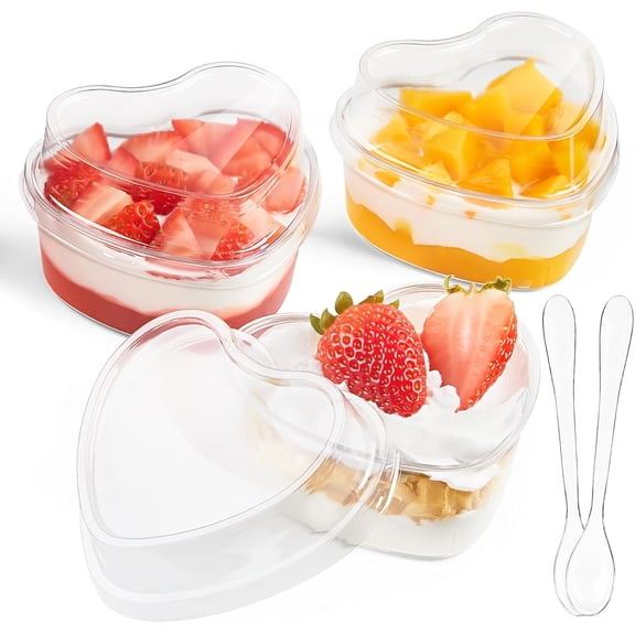 50 Pack 5 oz Heart Shaped Dessert Cups with Lids and Spoons, Mini Dessert Shooter Cups for Party Serving Parfait Cheesecake Mousse Pudding