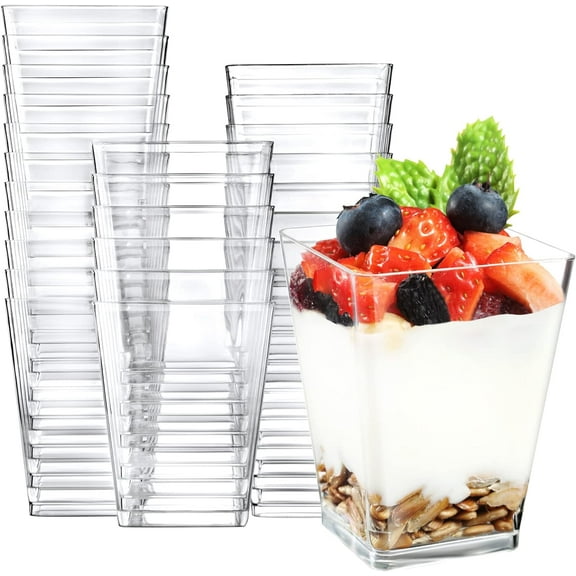 50 Pack 5 oz Square Clear Plastic Dessert Cups Small Clear Plastic Tumbler Cups Great for Desserts, Appetizers, Puddings, Mousse and More