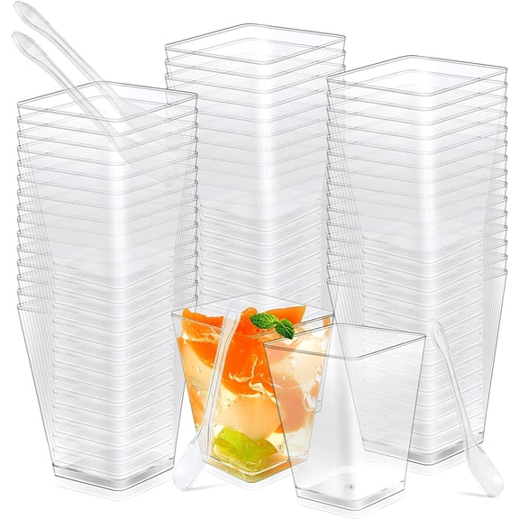 50 Pack 5 oz Square Clear Plastic Dessert Cups with Spoons Disposable Appetizer Cups for Parties, Yogurt Parfait, Ice Cream, Pudding,Mousse, Salad, Veggies, Snack, Mini Dessert Serving Bowls