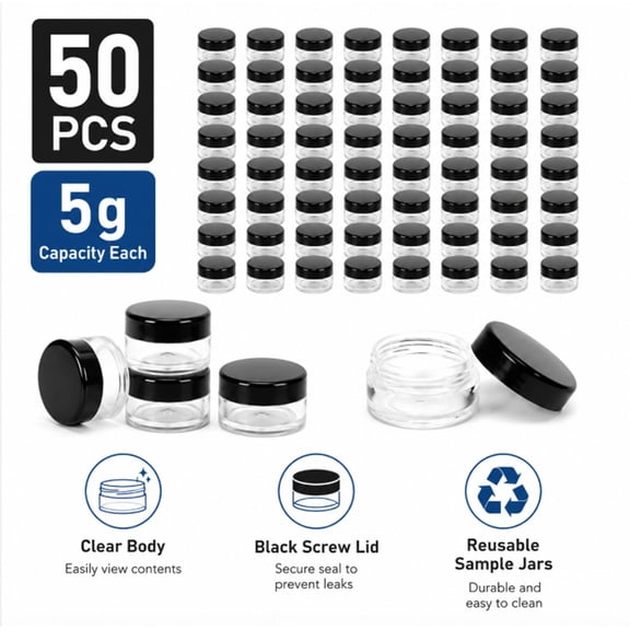 50 Pack 5 mL Empty Cosmetic Sample Jars, Small Containers for Makeup, Cream and Lotion, TIKA