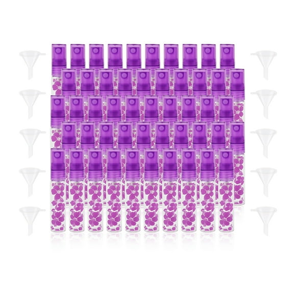 50 Pack 5ml Glass Spray Bottles Empty Refillable Fragrance Sample Bottles Small Perfume Vials With 10 Funnels, Purple Floral Print
