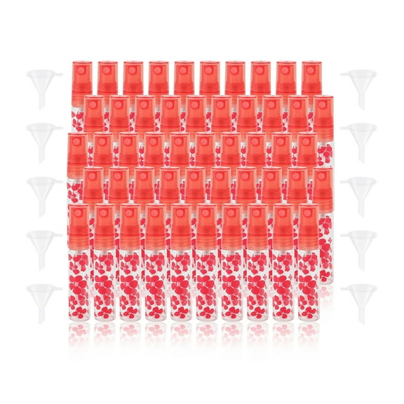 50 Pack 5ml Glass Spray Bottles Empty Refillable Fragrance Sample Bottles Small Perfume Vials With 10 Funnels, Red Floral Print