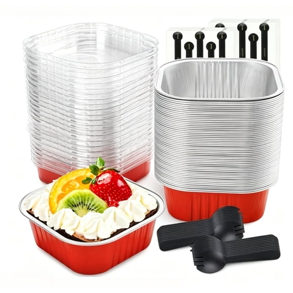 50 Pack 5oz Disposable Mini Square Aluminum Foil Baking Cups with Lids  Red Ramekins Cake Pans for Muffins, Brownies, Cheesecakes, Bread, and Cupcakes
