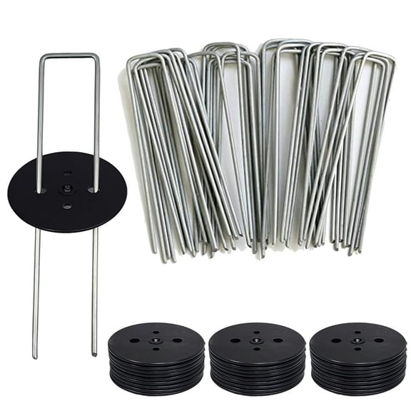 50 Pack 6" Inch Landscape Staples with Gasket Washer Caps - Metal Garden Stakes Landscape Fabric Staples for Gardening, Landscaping, Sod Fence Yard Lawn Ground Weed Barrier Mat Pins (50, Galvanized)