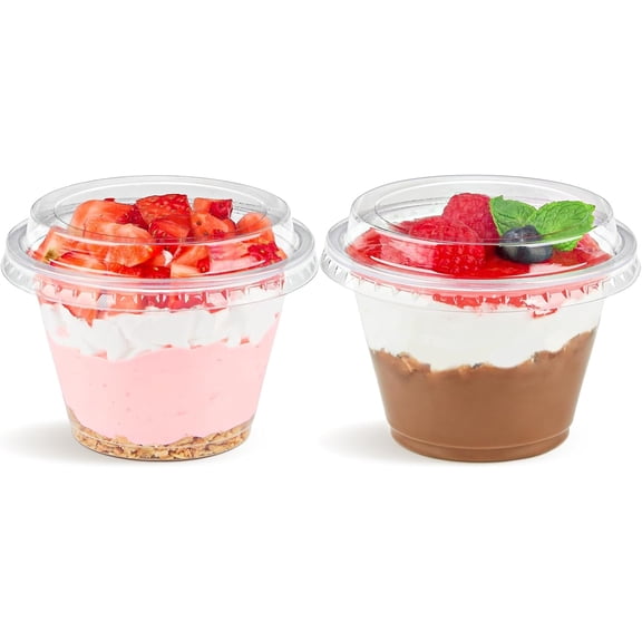 50 Pack 6 Oz Clear Plastic Dessert Cups with Lids, Small Mini Parfait Cups for Cakes, Puddings, Fruits, Ice Cream, Party Shots, Easy Stackable and Reusable