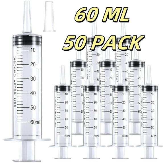 50 Pack 60ml/cc Plastic Syringe Large Syringes Tools Catheter Tip individually sealed with Measurement for Scientific Labs, Measuring Liquids, Feeding Pets, Oil or Glue Applicator