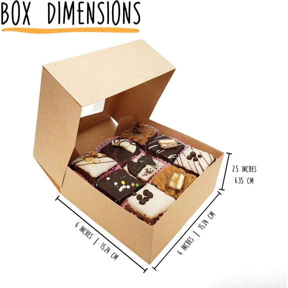 50-Pack 6x6x2.5in Brown Bakery Boxes with Window, Auto-Popup – Holiday Deal, Perfect for Cookies, Cupcakes, Brownies, Chocolate-Covered Strawberries & Desserts