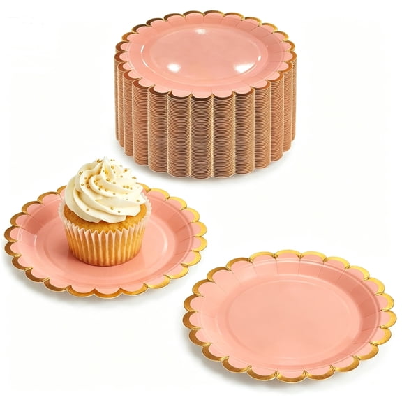 50 Pack 7 inch Small Paper Plates with Gold Scalloped Rim,Light Pink Plates for Party,Wedding, Baby Shower,Great Disposable Plates,Easter Plates,Dessert Plates,Birthday Plates