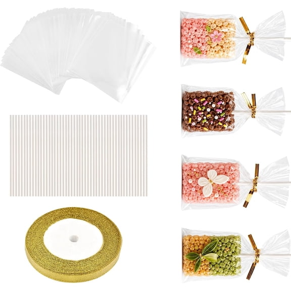 50 Pack 7 x 6 Inch Clear Rice Krispie Bags with Twist Ties, Candy Sticks & Ribbon, Packaging Bags for Cake Pops, Cookies, Candy, Chocolates and Party Favors