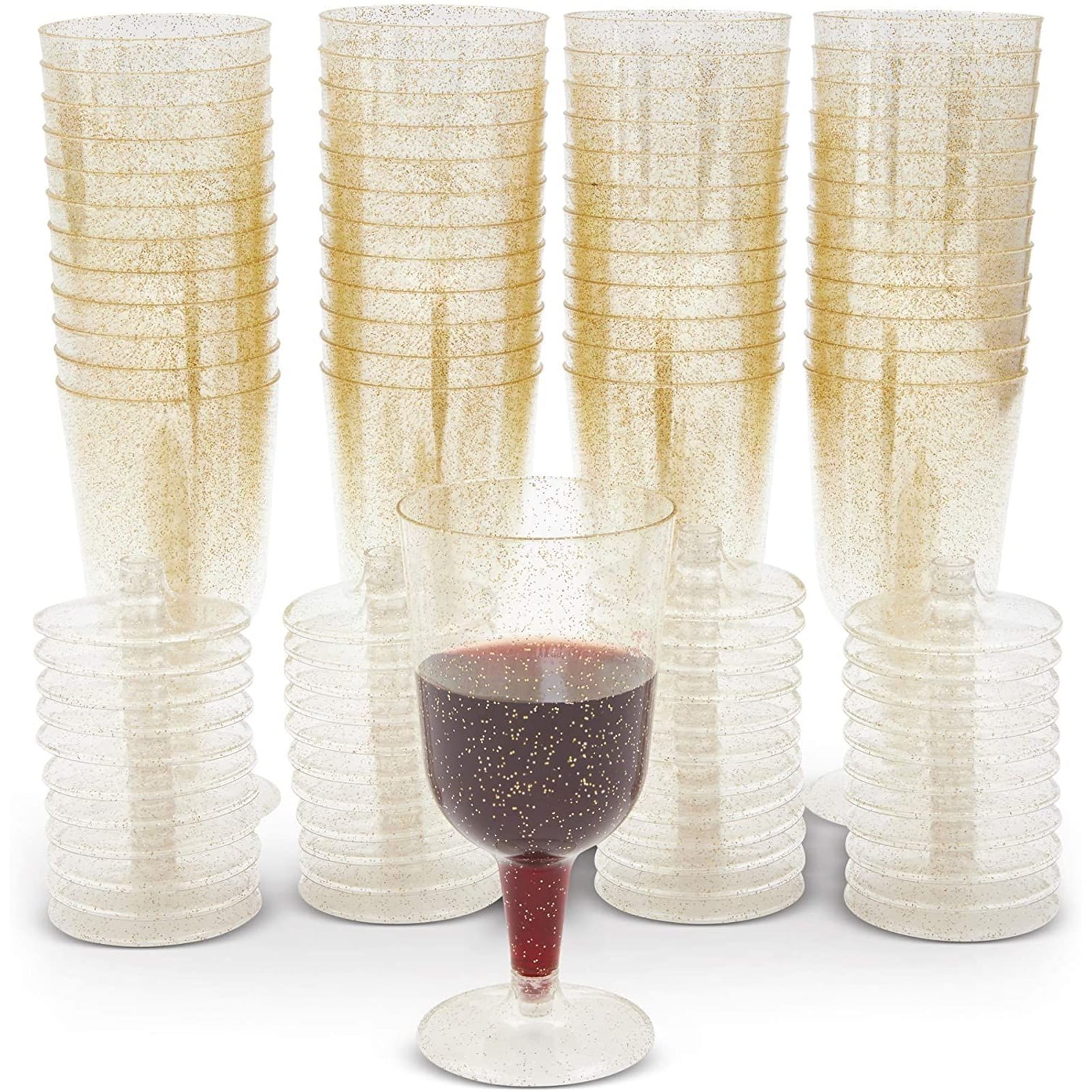 50 Pack 7oz Gold Glitter Plastic Wine Glasses with Stems, Reusable Elegant  Clear Party Cups for Wedding & Birthday