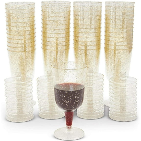 50 Pack 7oz Gold Glitter Plastic Wine Glasses with Stems, Reusable Elegant Clear Party Cups for Wedding & Birthday