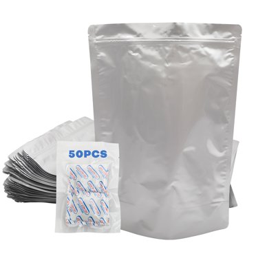 PackFreshUSA 50 Pack Quart Size Mylar Bags (7 Mil) With 300cc Oxygen Absorbers