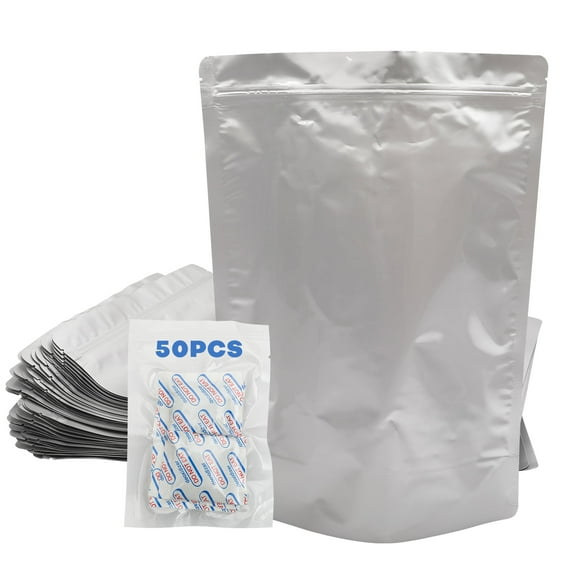 50 Pack 8.7 Mil Sealable Heavy Duty Stand Up Mylar Bags + 50 Pack 300cc Oxygen Absorbers for Long-term Freezer Safe Vacuum Food Storage