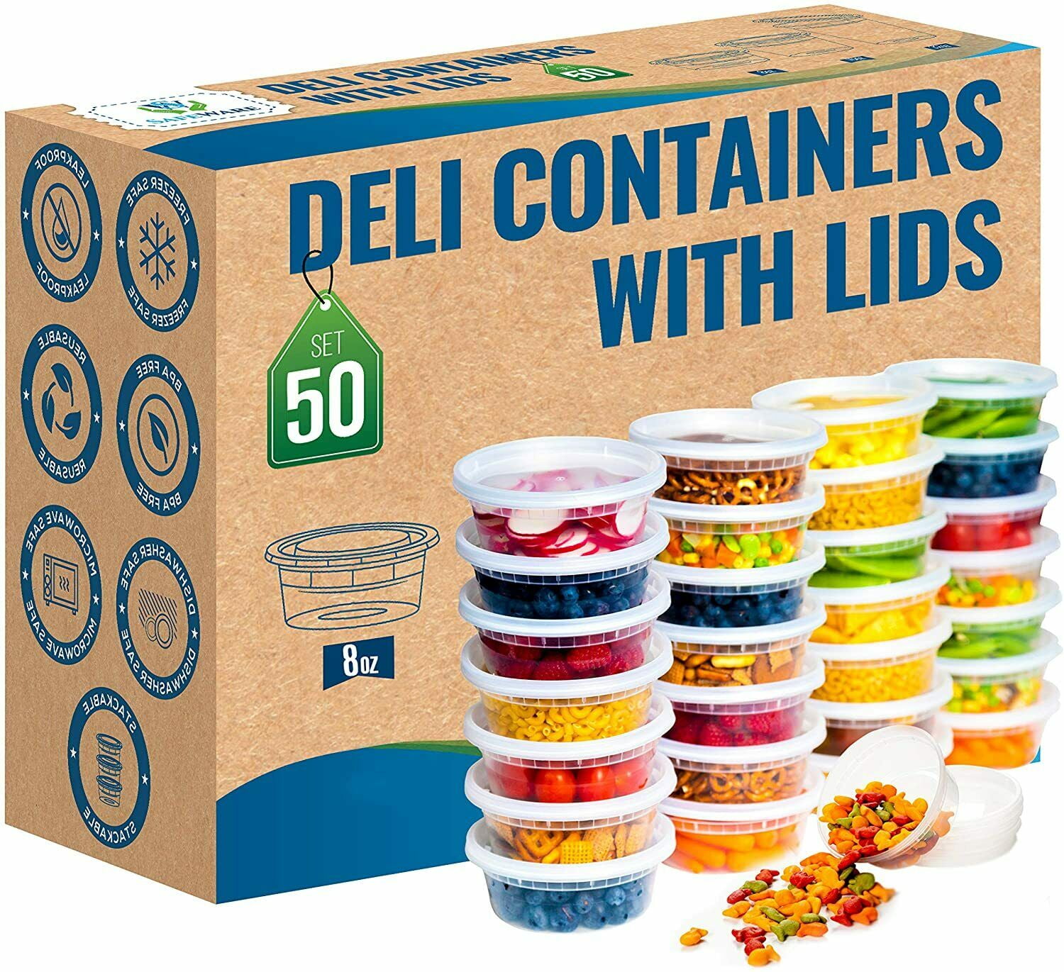 50 Pack 8 oz Durable Deli Food/Soup Plastic Containers w/ Lids and Airtight  