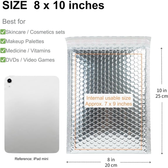 50 Pack 8x10 Inch Thermal Insulated Bubble Mailers for Cold Shipping, Metallic Silver Foil Padded Envelopes, Self-Seal Water-Resistant Cushioned Shipping Bags
