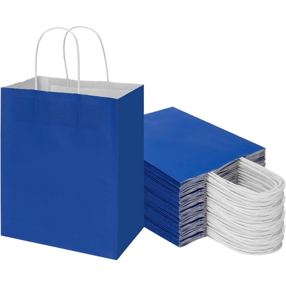50 Pack 8x4.75x10 Inch Medium Royal Blue  Paper Bags with Handles Bulk,  Wrap Bags for Favor Grocery Retail Party Birthday Shopping Business Goody Craft Merchandise Take Out sacks