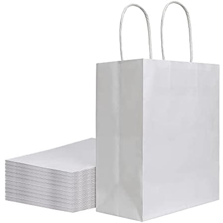 50 Pack 8x4.75x10 inch Medium White Kraft Paper Bags with Handles Bulk, Gift Bags, Craft Grocery Shopping Retail Birthday Party Favors Wedding Sacks Restaurant Takeout, Business (50Pcs)