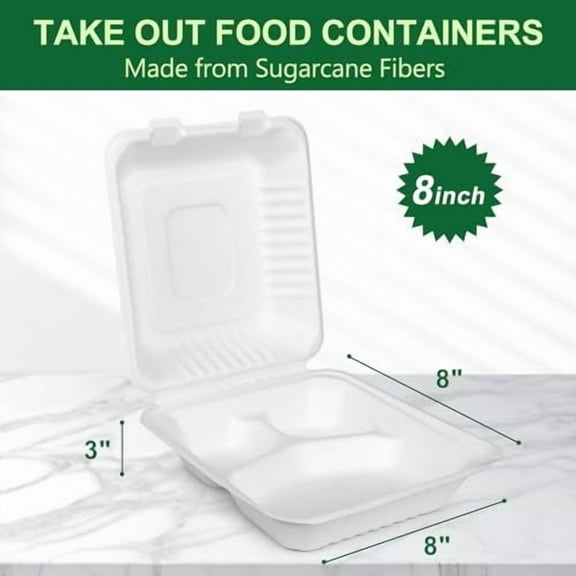 50 Pack 8x8 Inch Compostable Clamshell Containers - Eco-Friendly 3 Compartment To-Go Food Containers, Microwave & Leak-Resistant White Takeout Boxes (50 Count)