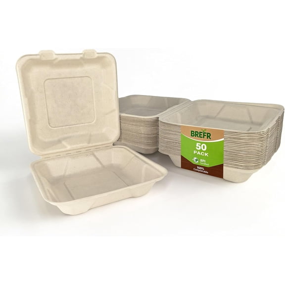 50 Pack 8x8 Inch Compostable Clamshell Takeout Containers, Biodegradable To Go Boxes  Heavy Duty Disposable Food Containers Made of Sugarcane Bagasse, For Restaurant, Cafe, Food Truck