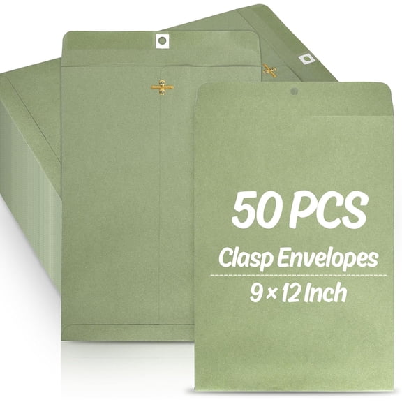 50 Pack 912 Clasp Envelopes Sage Green Kraft Document Mailers 120 GSM Heavy Duty Expanding Envelopes Metal Clasp & Gummed Seal Bulk Storage for Legal & Letter Size Papers Home Office