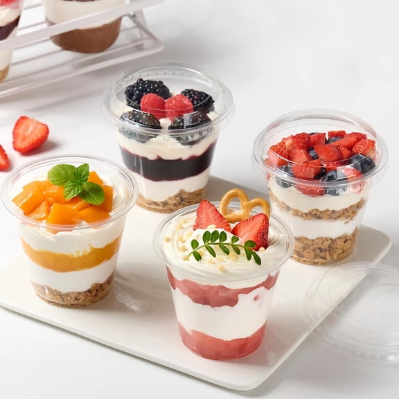 50 Pack 9 oz Plastic Dessert Cups with Lids, Small Plastic Yogurt Parfait Cups, Mini Round Party Serving Cup for Pudding, Fruit, Cake, Appetizer, Dessert Shot Glasses