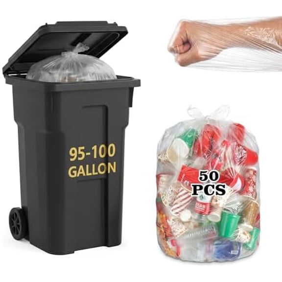 50 Pack 95-100 Gallon Trash Bags Clear Extra Large Plastic Recycling Heavy Duty Garbage Bags 59" x 71" 1.2 Mil Trash Can Liners for Home Kitchen Office Garage Backyard Contractor Storage Outdoor