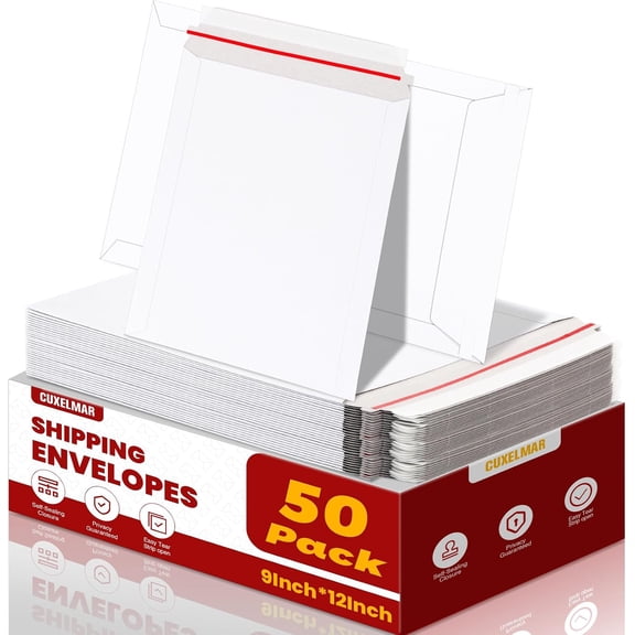 50 Pack 9X12 Inch Rigid Stay Flat Mailers, Self Seal Lightweight Cardboard Envelopes, White Photography Mailers for Photo, Document, Magazine & CD Mailing