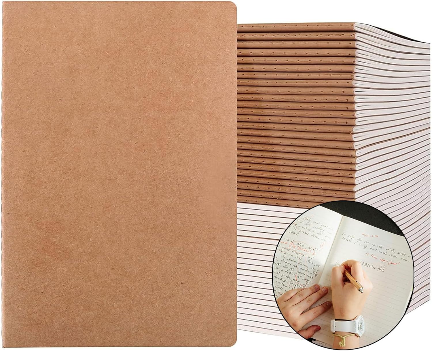 50 Pack A5 Lined Kraft Notebook Journals 8.3x5.5 In，Travel Journals Notebooks Bulk，Subject Notebooks 34 Sheets 68 Pages for Writing School Office Supplies (Lined-50 Pack)