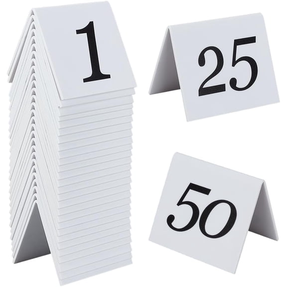 50 Pack Acrylic Table Numbers Tent Style Number Cards Double Side Numbered Table Tents 1-50 White Number Signs 2.5x2.1x1.9 Inch