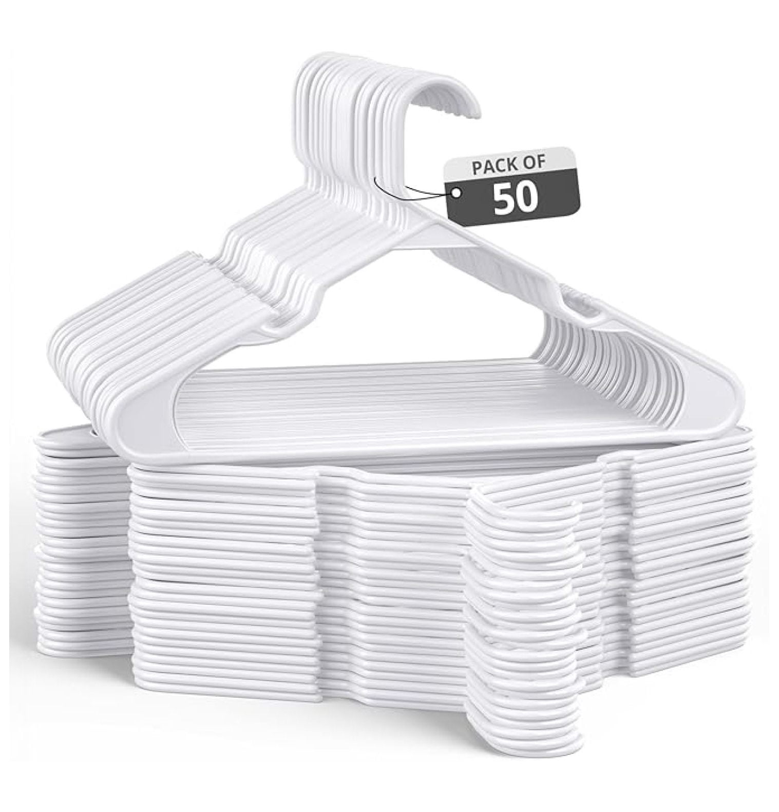 50 Pack Adult Plastic Hanger for Shirt Pants Coats Dresses Skirts Suits - Standard Thick Coat Hanger - Sturdy & Durable Design with Shoulder Hook - White