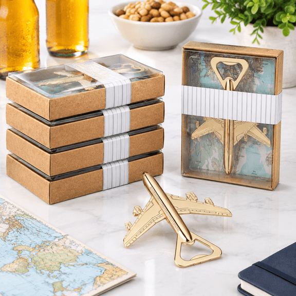 50 Pack Airplane Bottle Openers with Gift Boxes, Rose Finish Party Favors