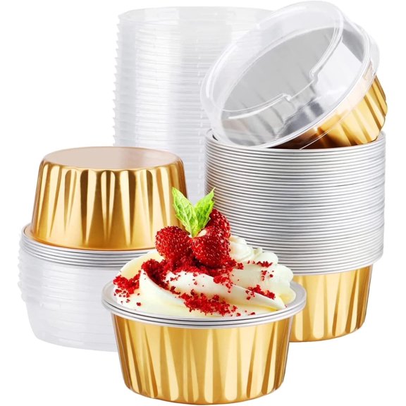 50 Count Basque Cake Mold Gold Aluminum Foil Baking Cups, 5oz Muffin Cupcake Ramekins