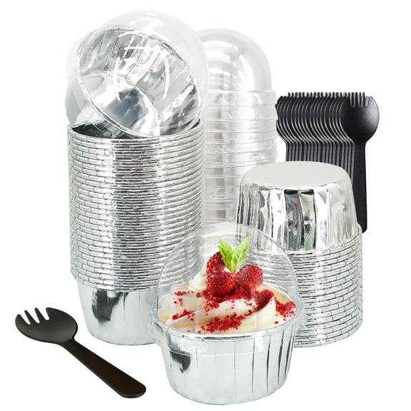 50 Pack Aluminum Foil Cupcake Lining with Dot Top, 5 oz Large Cupcake Cups, Disposable Muffin Tins Mold Pot Baking Cup Wrapping Paper Holds-Silver