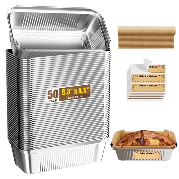 50Pack Aluminum Mini Loaf Baking Pans,Disposable Tin Foil Pans for Baking,Heavy Duty Loaf Pans, Baking Cakes,Camping,8.3" X 4.1" X 2.2”