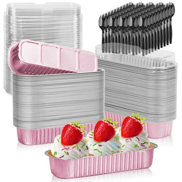 50 Pack Aluminum Mini Loaf Pans, Aluminum Foil Pans with Lid, 6.8oz Disposable Rectangle Baking Containers Muffin Baking Tins, Cake Pans with Lids Spoons - Pink