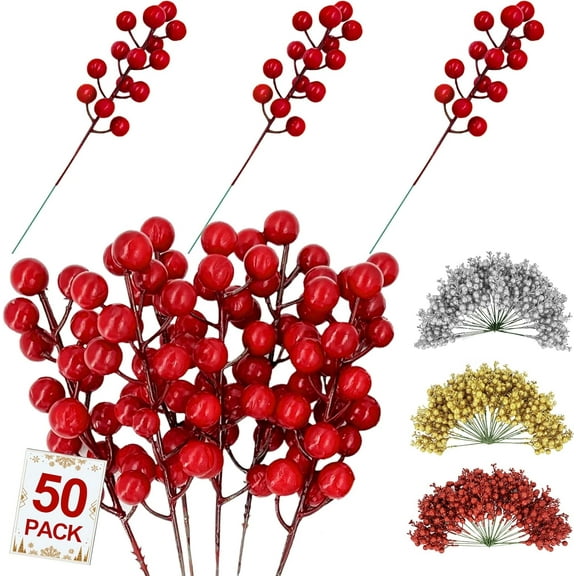 50 Pack Artificial Berry Stems Christmas Decorations, 8.3" Christmas Berries Picks Branches Twigs for Xmas Tree Ornaments Fillers Vase DIY Holiday Home Indoor Outdoor Decor (Red)