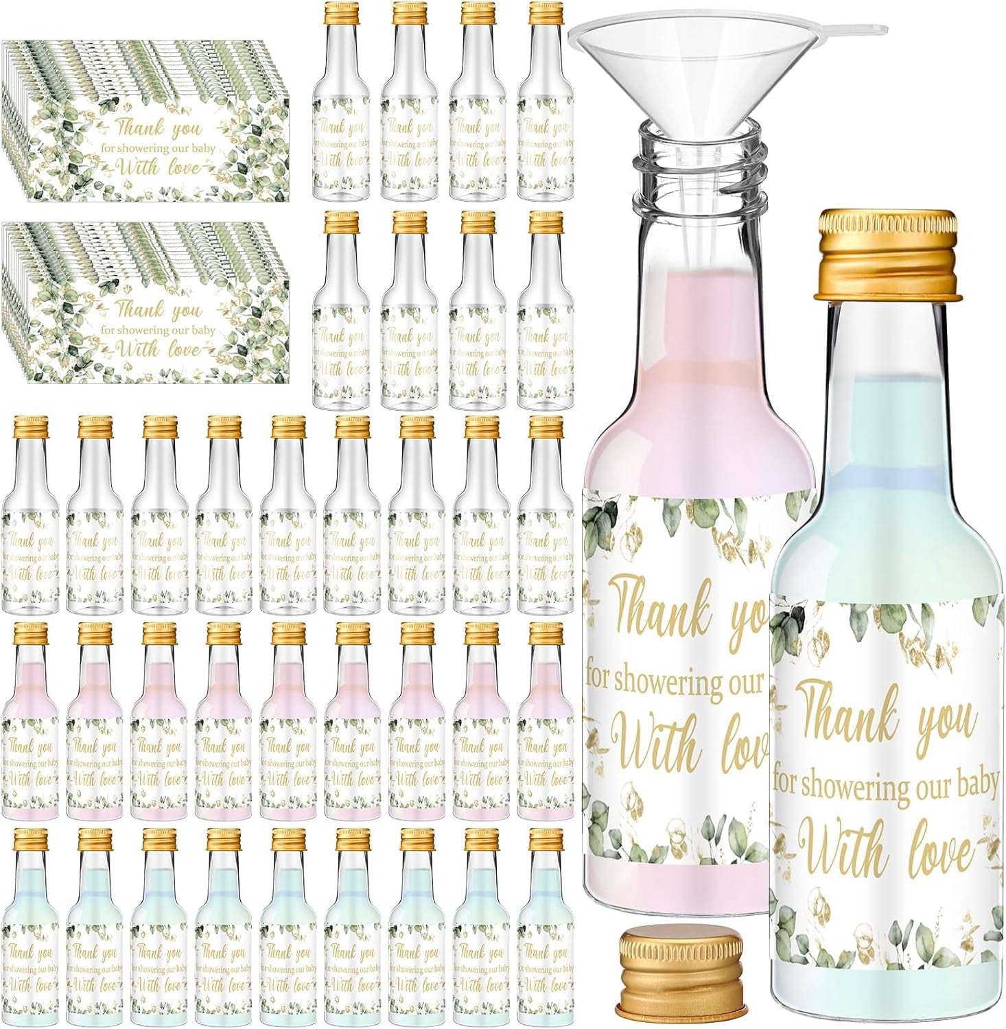 50 Pack Baby Shower Mini Liquor Bottles 2oz Shot Bottle with Cap Baby Shower Favor for Guest Gender Reveal Party Favor Thank You Funnel Sticker for Guest Gift Newborn Baptism Party Decoration